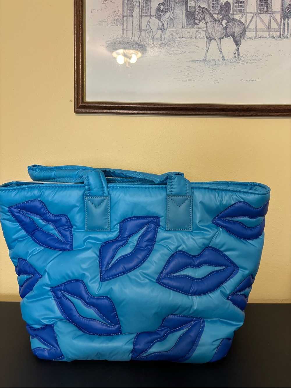 Bright Blue Quilted Tote with Dark Blue Lip Appliqués